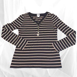 Anne Klein Zip Front Long Sleeve Top Tan and Black Stripe Sweater Women Size S
